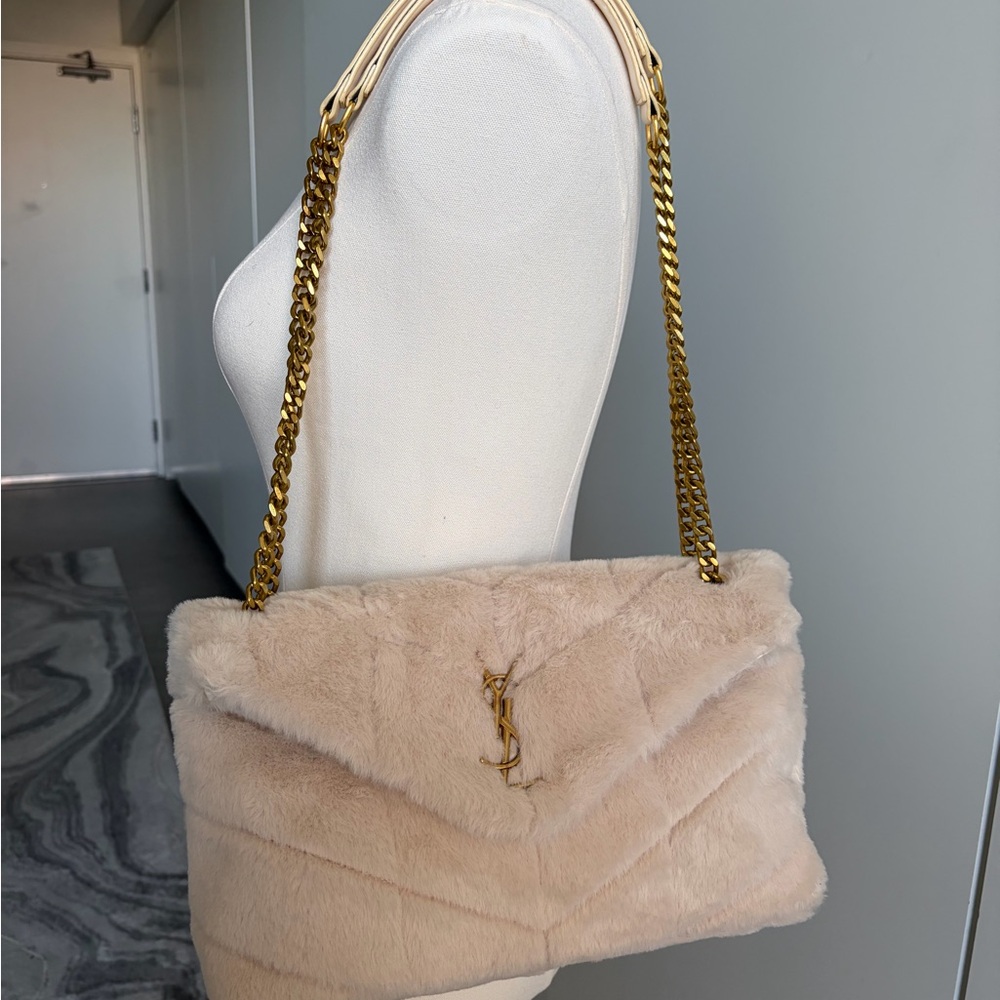 Yves Saint Laurent Cream Faux Fur Shoulder Bag with Gold Chain